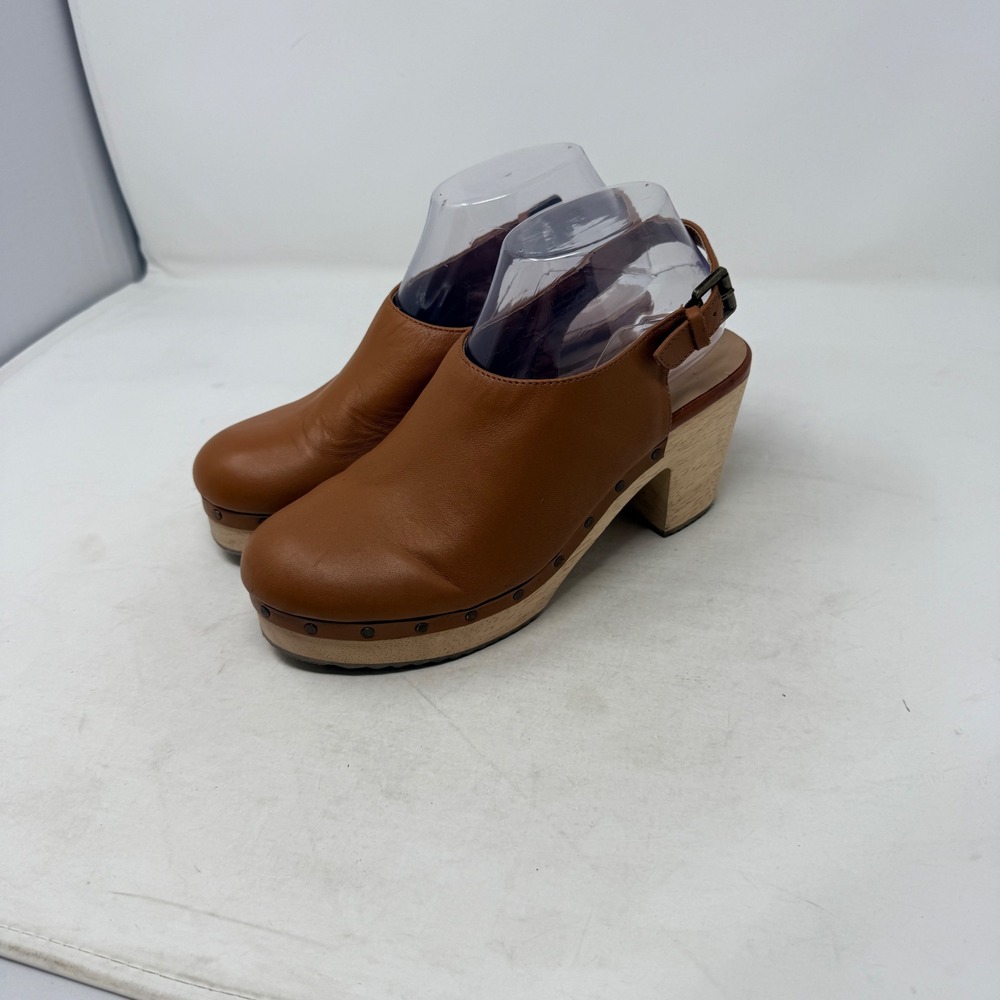 LOFT Clog Sandals Brown 7.5M Leather Slingback Wood Heel Boho Retro Casual